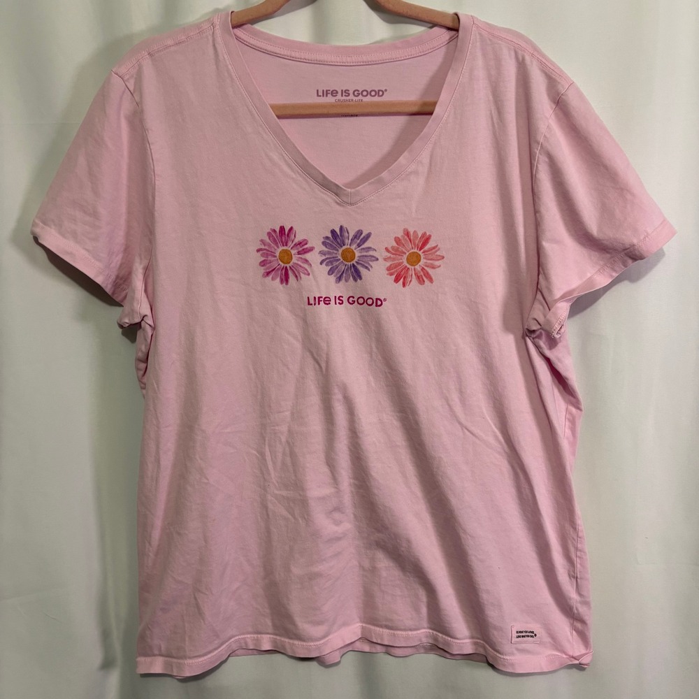 Life is Good Womens Pink Daisy Crusher-Lite V-Neck Graphic T-Shirt XL